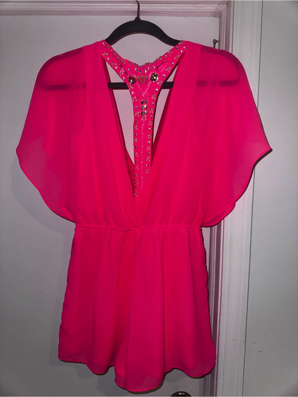 Charlotte Russe Y2K Hot Pink Rhinestone Back Chiffon Romper Size S
